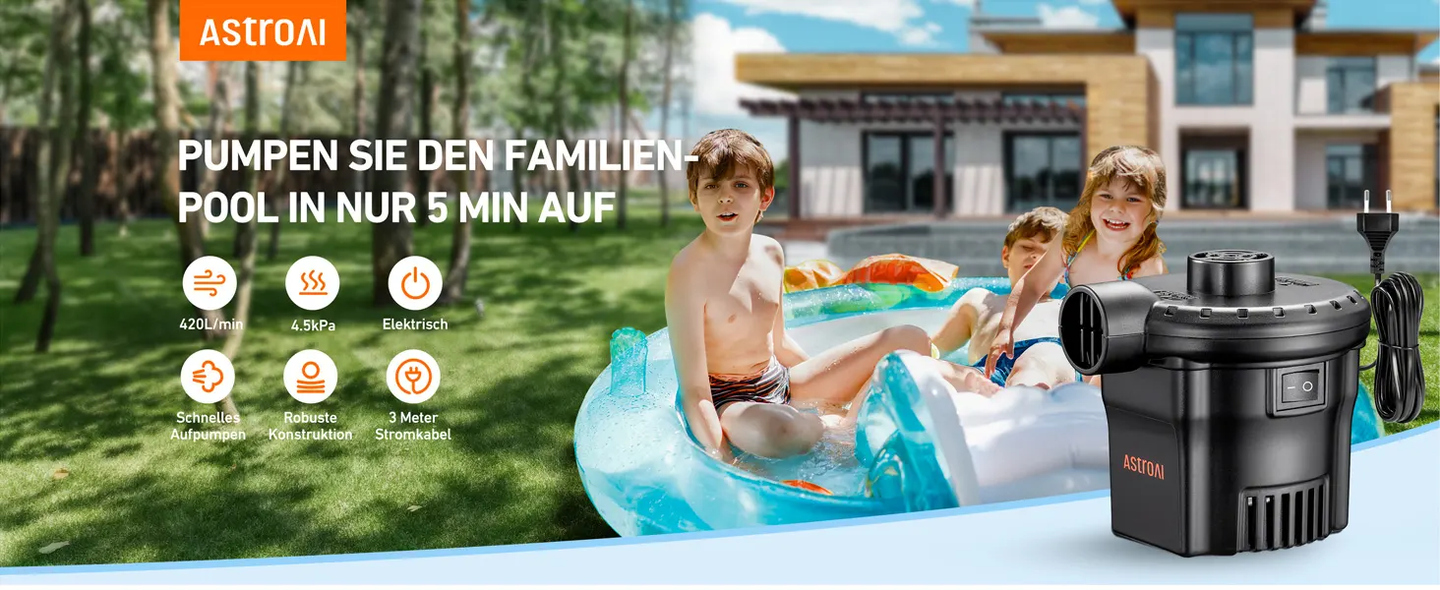AstroAI Elektrische Luftpumpe für Luftmatratze Tragbar AC 130 W Inflate und Deflate luftpumpe elektrisch mit 3 Luftdüse für aufblasbare Matratze Pool Planschbecken Luftbett
