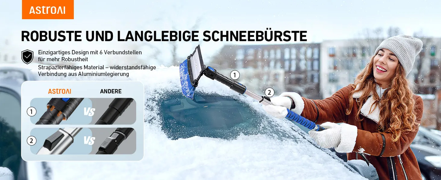 AstroAI Eiskratzer Auto mit Besen 119CM Lang Ausziehbarer Schneebesen Abnehmbarer Eisschaber mit Rakel & Ergonomischem Schaumstoffgriff & 180 ° Blau