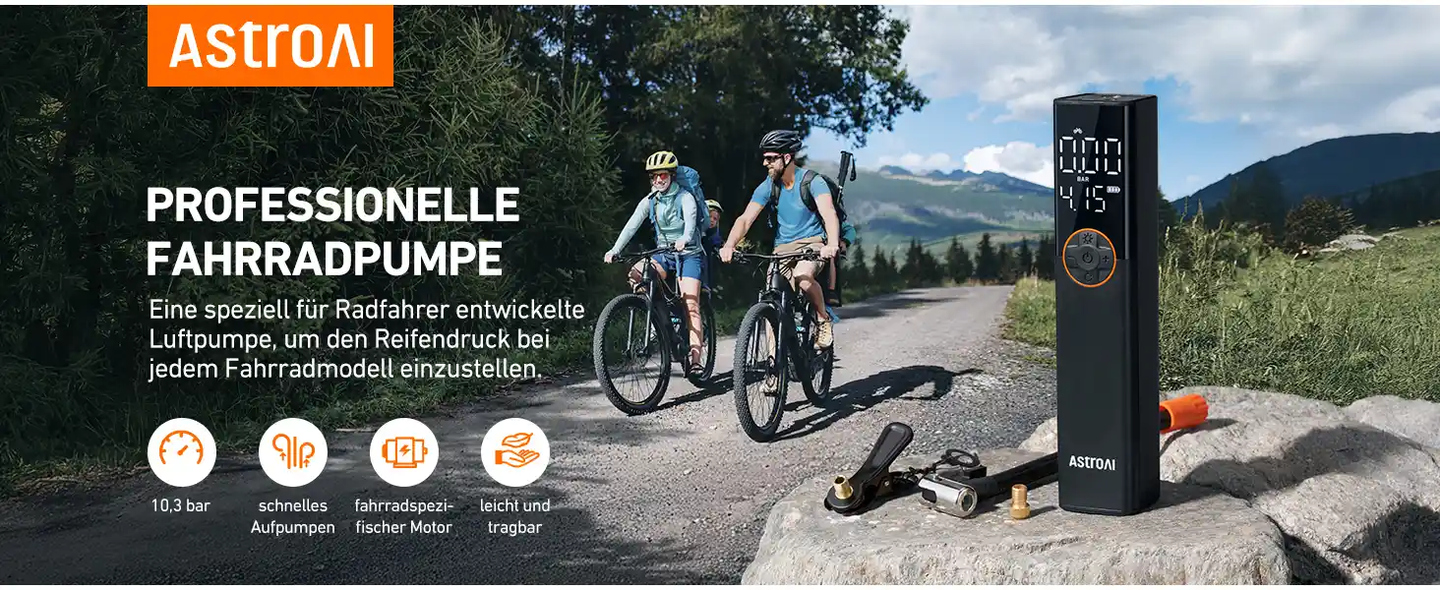 AstroAI Fahrradpumpe Elektrische Luftpumpe, 150PSI Mini Tragbare Akku Fahrradpumpe alle ventile