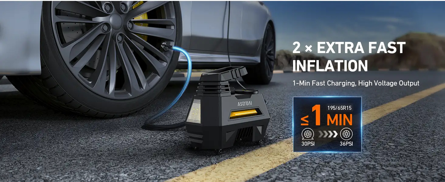AstroAI 電動エアコンプレッサー 車 空気入れ 電動空気入れ 自動停止 静音 小型 過熱保護 DC12V ガーソケット接続式 LEDライト 3種類変換ノズル 仏式/米式対応 タイヤ 車 自動車 自転車 ロードバイク ボール 浮輪適用 (ブラック)