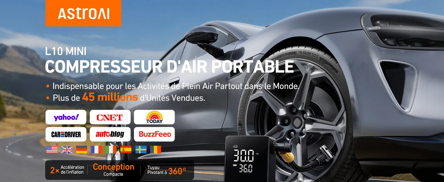 AstroAI Gonfleur Pneus Voiture Sans Fil, Compresseur Air Portatif, Arrêt Auto, Écran LED