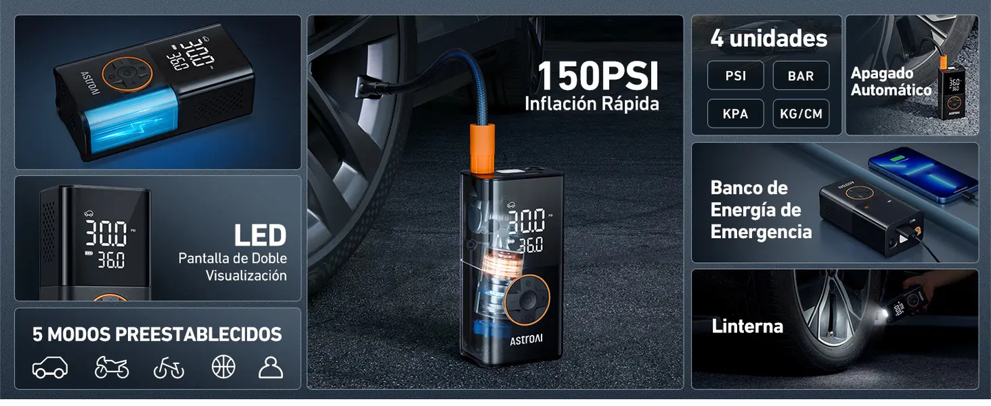 AstroAI Compresor Aire Portátil, Inflador Ruedas Coche, Compresor Aire Coche, Hinchador Ruedas Coche con Batería Recargable de 2000 mAh x 2 y Luz LED