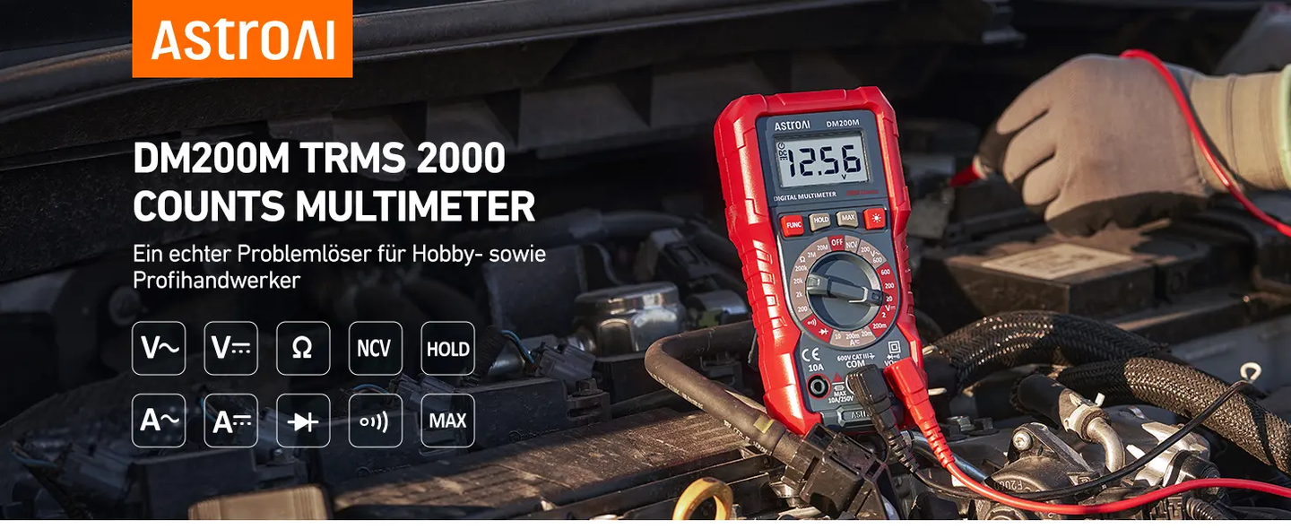 AstroAI Digital Multimeter, Spannungsmesser für AC/DC-Spannung und -Strom, Widerstand, Diode, Durchgang und NCV (DM200M)