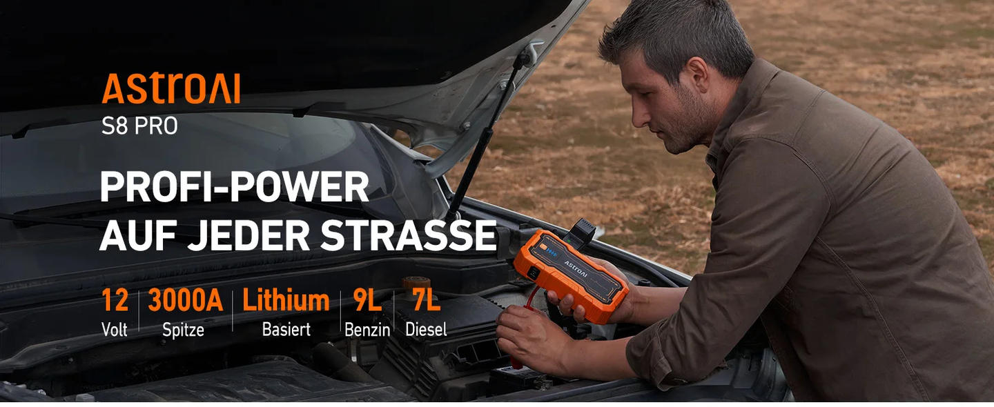 AstroAI S8 Pro Starthilfe Powerbank, 3000A starthilfe für bis zu 9 L Benzin & 7 L Diesel, 12 V Tragbare starthilfe powerbank für pkw mit 3 Modi-Taschenlampe und Starthilfekabeln, Orange