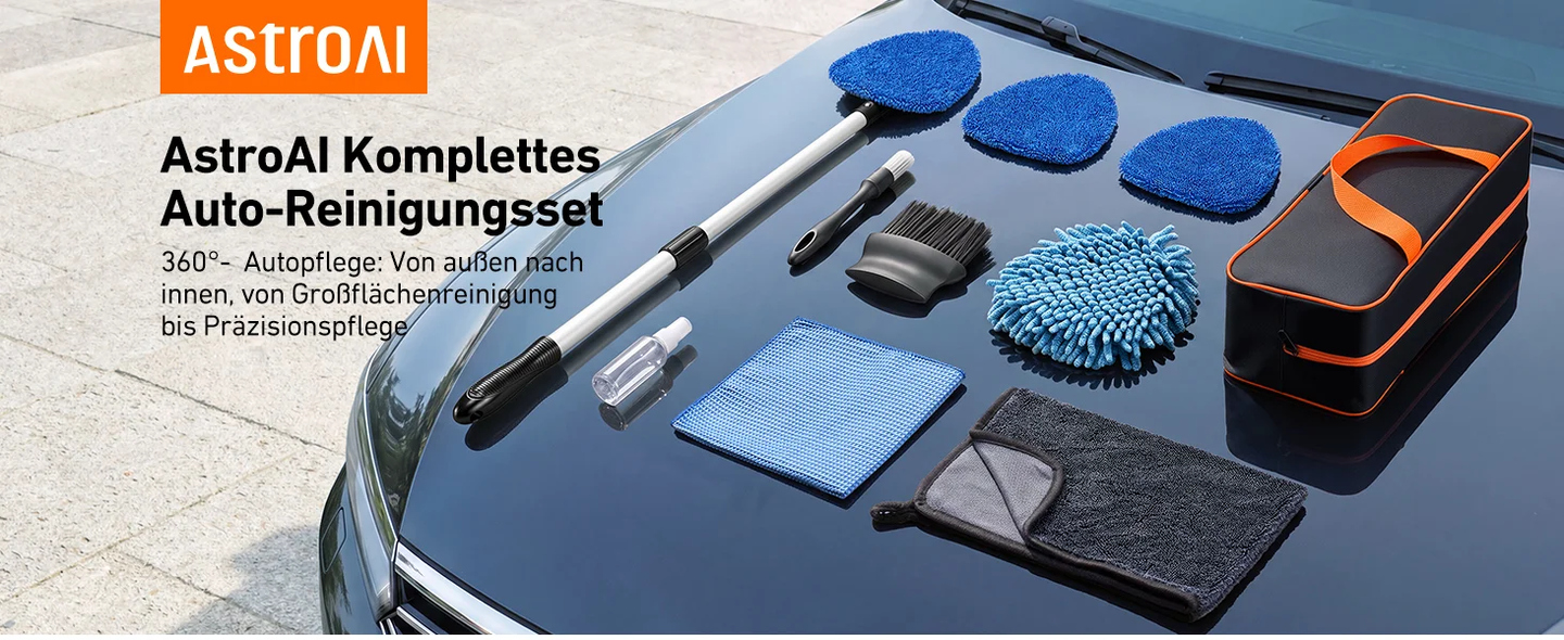 AstroAI 10 Stück Auto Reinigungsset mit 81 cm (32 Zoll) Teleskopgriff | Windschutzscheiben Reiniger, Chenille&Mikrofaser Pads,für Auto/SUV/Wohnmobil, Haushaltsflächen