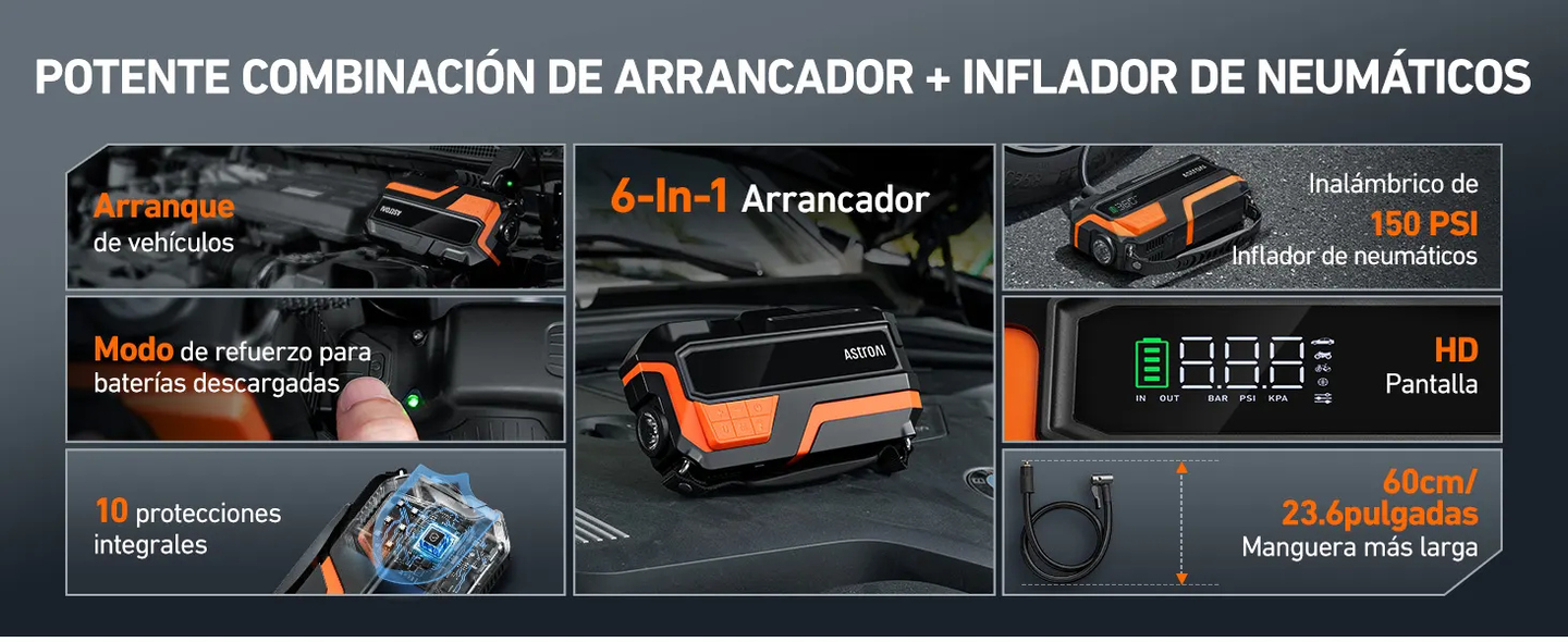 AstroAI MF16 Arrancador de Baterias de Coche de 6000 A con compresor de 150 PSI, Booster Bateria Portatil (para 8L Disésel o 10L Gas)