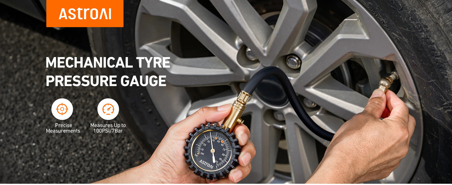 AstroAI Mechanical Tyre Pressure Gauge, 100 PSI, 2in Glow Dial
Brass and steel gauge with flexible hose, 360° swivel chuck and bleed valve; retains readings for cars, SUVs and motorbikes.