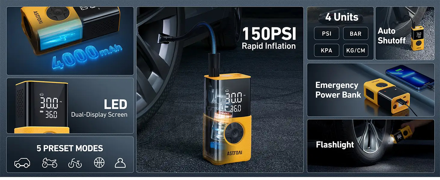 AstroAI L7S Tyre Inflator Portable Air Compressor Cordless Bike Pump with Digital Dual Values Display, 150 PSI Car Tyres Pump with LED Lights