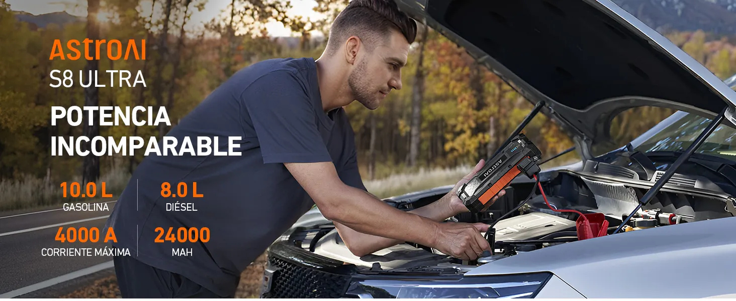 AstroAI S8 Ultra Arrancador de Baterias de Coches, 4000 A Arrancador de Coche Portátil de Gasolina de hasta 10 L y diésel de 8 L, 12 V Arrancador de Coches con Cables de Arranque