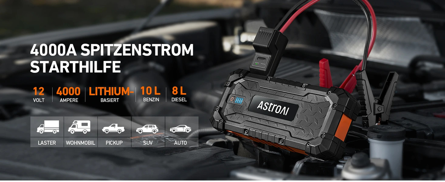 AstroAI S8 Ultra Auto Starthilfe Powerbank, 4000A Tragbare starthilfe für bis zu 10L Benzin und 8L Diesel, 88.8Wh 12V Starter powerbank mit Starthilfekabel, USB Schnellladung