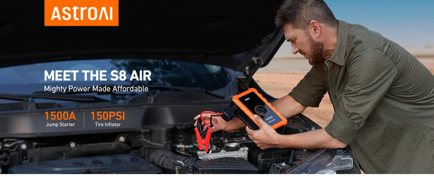 AstroAI S8 Portable Jump Starter with Air Compressor 150 PSI & 1500A Car Battery &12V Battery Charger Booster (6.0 Gas/3.0L Diesel) Orange