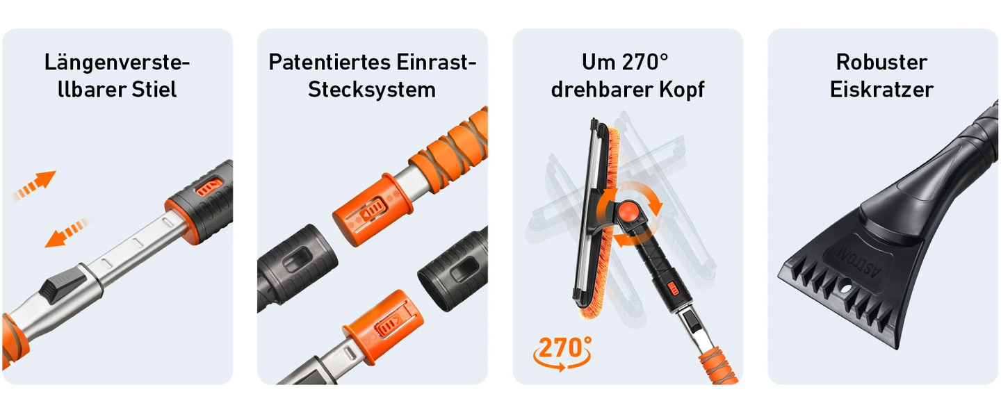 AstroAI Eiskratzer Auto mit Besen 119CM Lang Ausziehbarer Schneebesen Abnehmbarer Eisschaber mit Rakel & Ergonomischem Schaumstoffgriff & 180 °