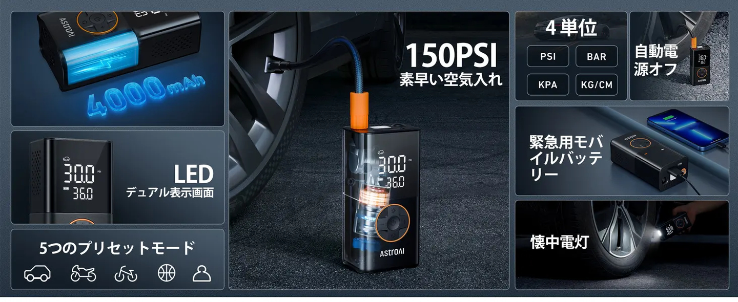 AstroAI L7 電動空気入れ エアコンプレッサー バイク 空気入れ 電動 150PSI