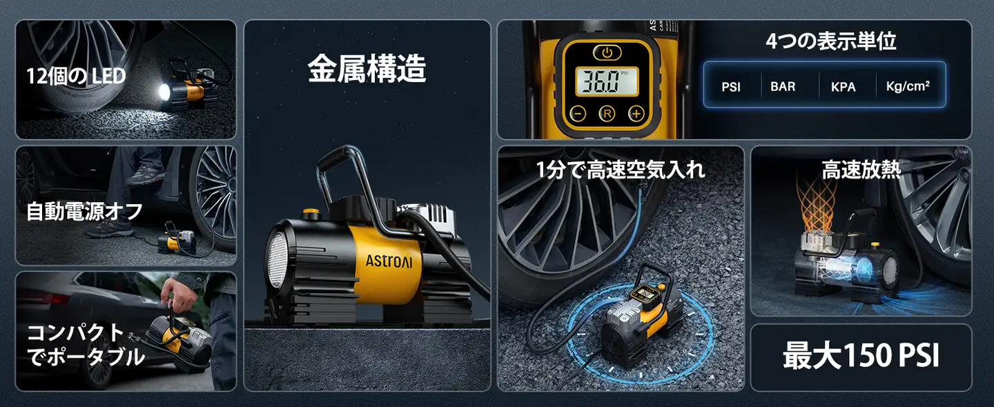 AstroAI エアコンプレッサー 空気入れ 自動車用 150PSI DC12V シガーソケット接続式 高輝度LED