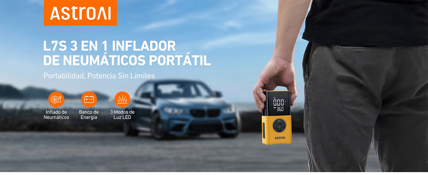 AstroAI L7S Inflador de Neumáticos Portátil, Compresor de Aire Inalámbrico, con Visualización Digital de Doble Valor, Bomba de Neumáticos de Coche de 150 PSI