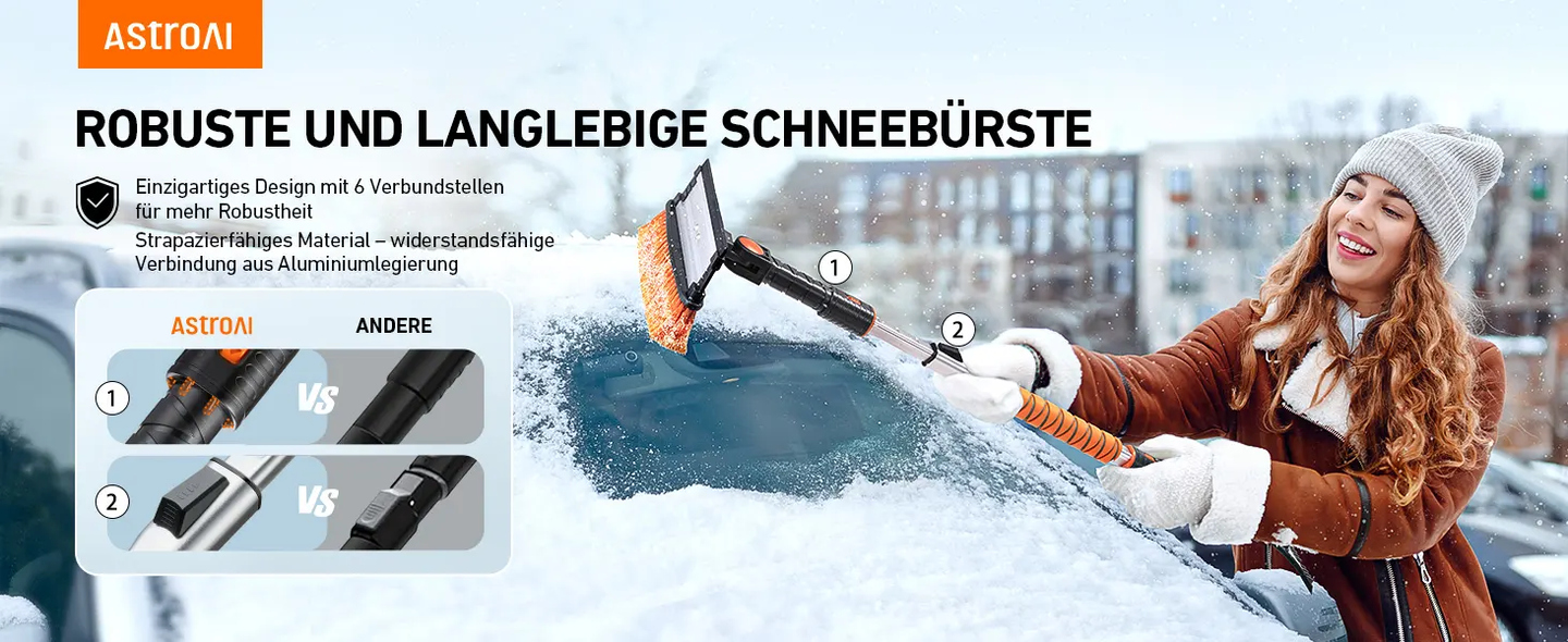 AstroAI Eiskratzer Auto mit Besen 119CM Lang Ausziehbarer Schneebesen Abnehmbarer Eisschaber mit Rakel & Ergonomischem Schaumstoffgriff & 180 °
