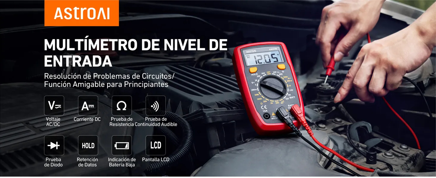 AstroAI Multímetro Digital, Polímetro Profesional, Voltímetro, Tester Electricista, Multimeter para Corriente CC, Voltaje CA/CC, Resistencia, Continuidad y Diodos de Prueba, Negro