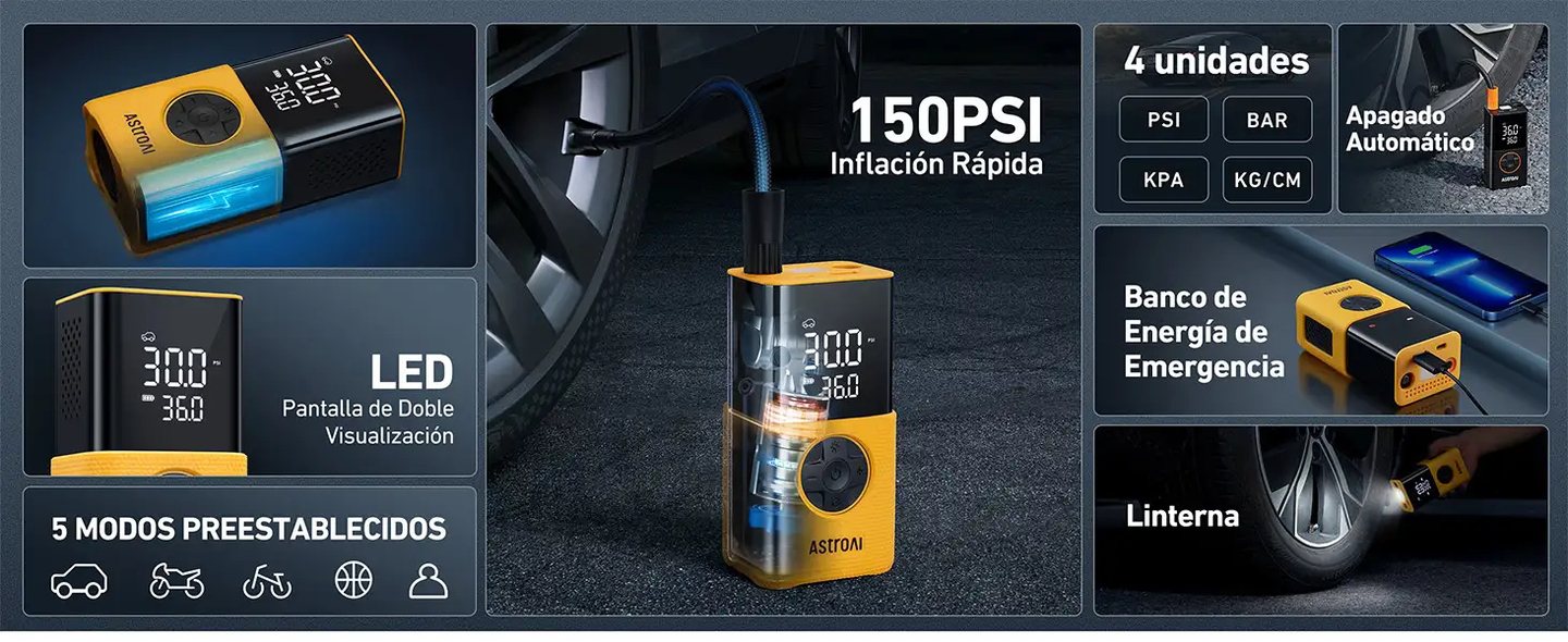 AstroAI L7S Inflador de Neumáticos Portátil, Compresor de Aire Inalámbrico, con Visualización Digital de Doble Valor, Bomba de Neumáticos de Coche de 150 PSI