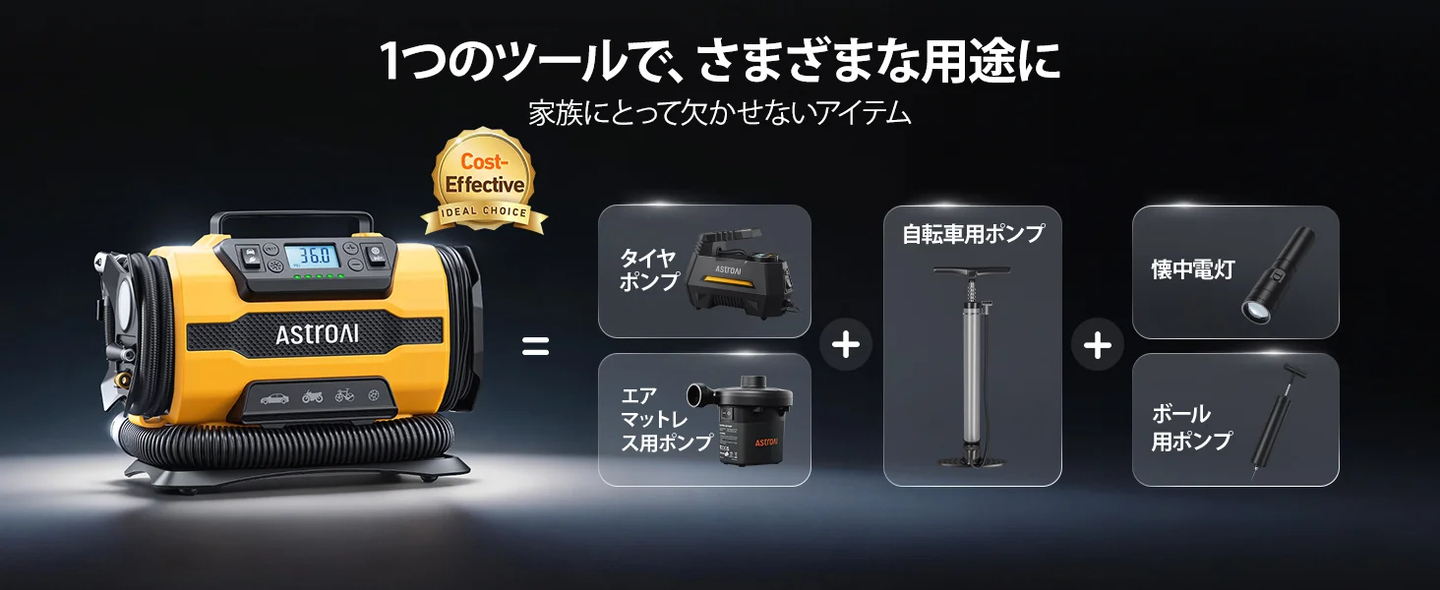 AstroAI エアコンプレッサー 電動空気入れ 5 in 1 自転車 空気入れ 車用 AC/DC給電 150PSI コンパクトイエロー | 自動車 自転車 バイク エアマットレス 浮き輪など多用途対応 自動停止 メモリ機能 LEDライト 仏式/米式/英式 全バルブ対応 五種類変換ノズル