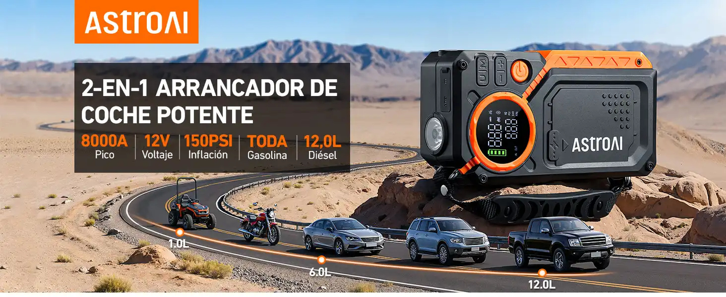 AstroAI Arrancador de Batería de Coche 8000A con Compresor Aire, Arrancador Coche Prtatil con Inflador de 150 PSI, Jump Starter 12V, con Pantalla LED y Luz de Emergencia