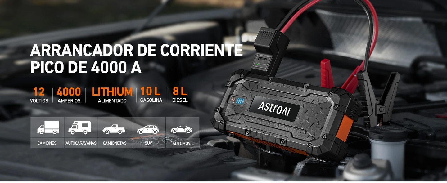 AstroAI Arrancador de Batería portátil 4000A para Motores de Gasolina de hasta 10,0 L y Diésel de 8,0 L