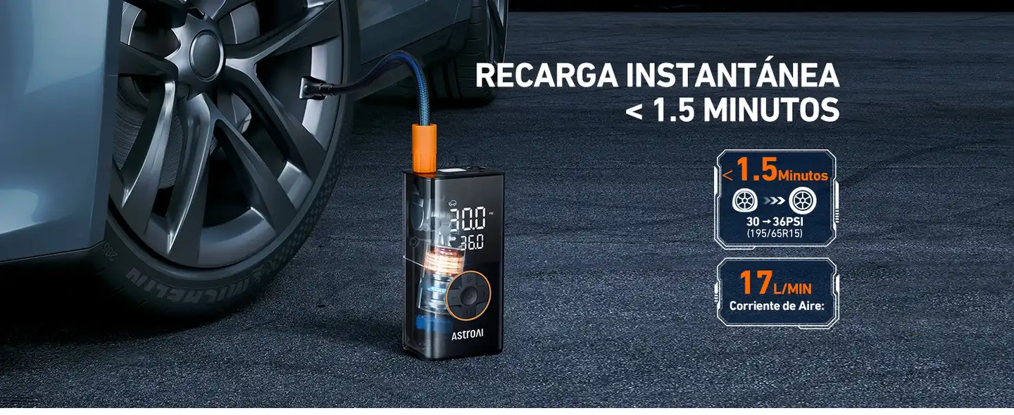 AstroAI Compresor Aire Portátil, Inflador Ruedas Coche, Compresor Aire Coche, Hinchador Ruedas Coche con Batería Recargable de 2000 mAh x 2 y Luz LED