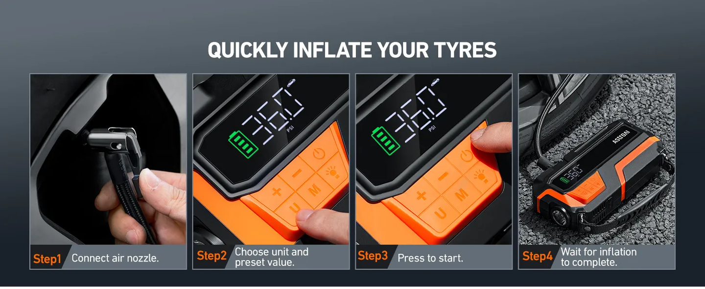 AstroAI M10 150PSI Car Battery Booster Jump Starter Tyre Inflator, Jump Starter Power Pack with Air Compressor, for 12V Vehicles (8L Petrol/6L Diesel), Intuitive LED Screen, Full Accessory Kit