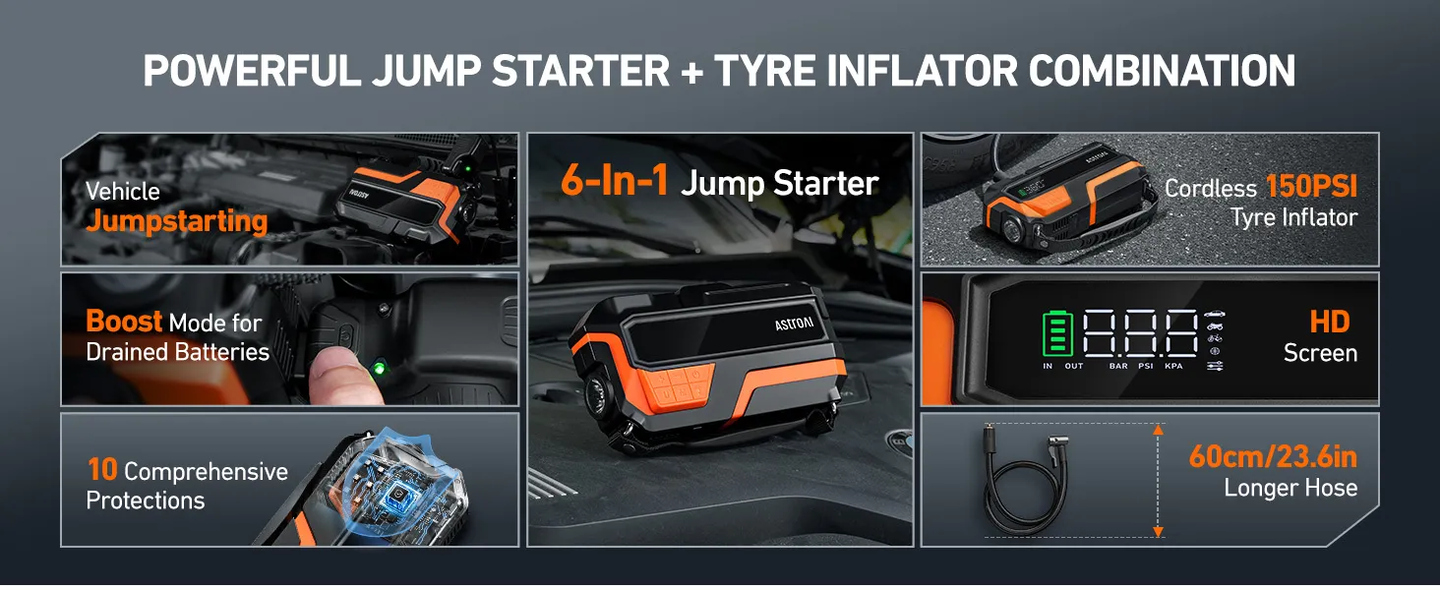 AstroAI 6000A and 150PSI Car Battery Booster Jump Starter Tyre Inflator, Jump Starter Power Pack with Air Compressor, for 12V Vehicles (10L Petrol/8L Diesel), Intuitive LED Screen, Full Accessory Kit