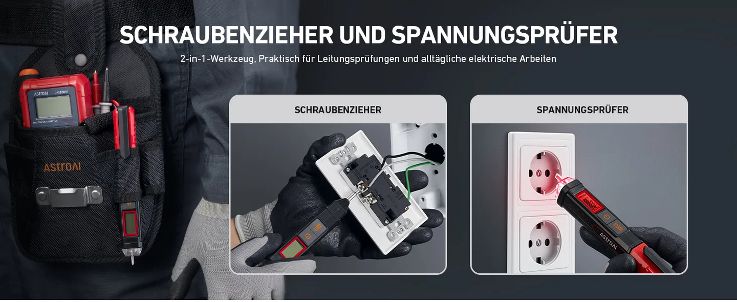 AstroAI VTS1000H Spannungsprüfer mit Schraubendreher, Berührungslos Stromprüfer AC 12V/70V-1000V, Großes LCD-Display, Akustische und visuelle Alarme