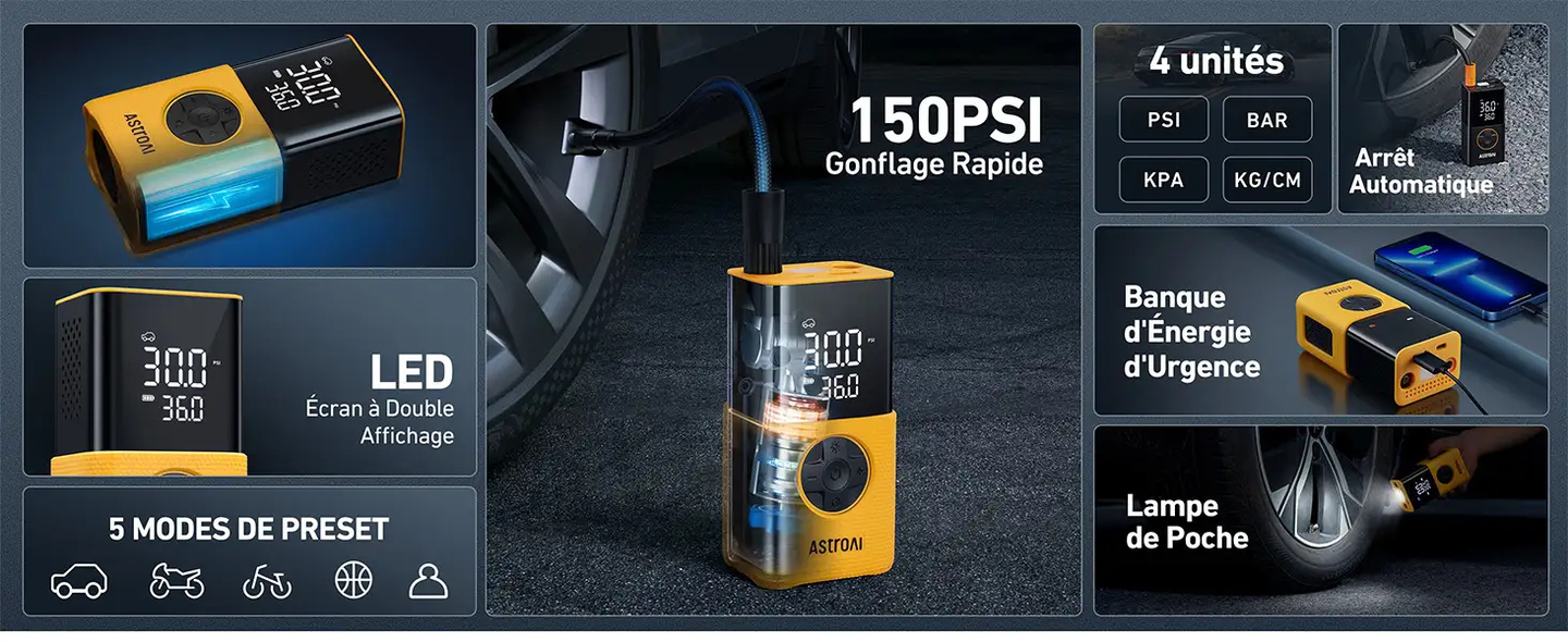 AstroAI Gonfleur Pneus Voiture, Compresseur à Air Portatif, Gonfleur Pneus Voiture Sans Fil compacte, avec Batterie Rechargeable pour Vélos, Motos, Boules