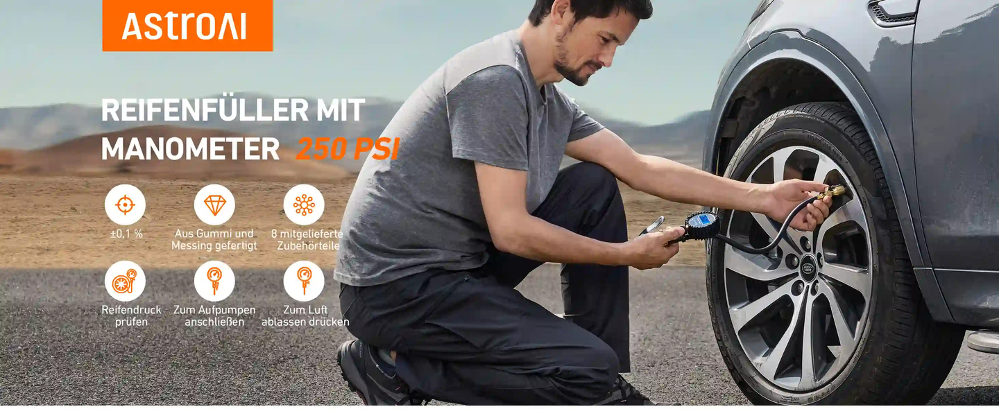 AstroAI Digitaler Reifenfüller mit Manometer, 250 PSI Luftfutter und Kompressor-Zubehör, strapazierfähig, mit Gummischlauch und Schnellverbindungs-Kupplung