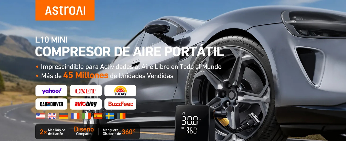 AstroAI L10 Mini Compresor Aire Portátil, Inflador Ruedas Coche Electrico 2 Veces Más Rápido con Gran Pantalla, Compresor Aire Inalámbrico, Moto y Etc.
