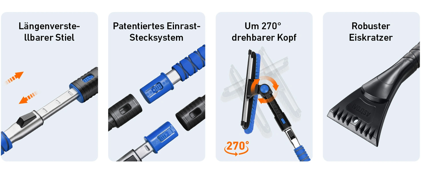 AstroAI Eiskratzer Auto mit Besen 119CM Lang Ausziehbarer Schneebesen Abnehmbarer Eisschaber mit Rakel & Ergonomischem Schaumstoffgriff & 180 ° Blau