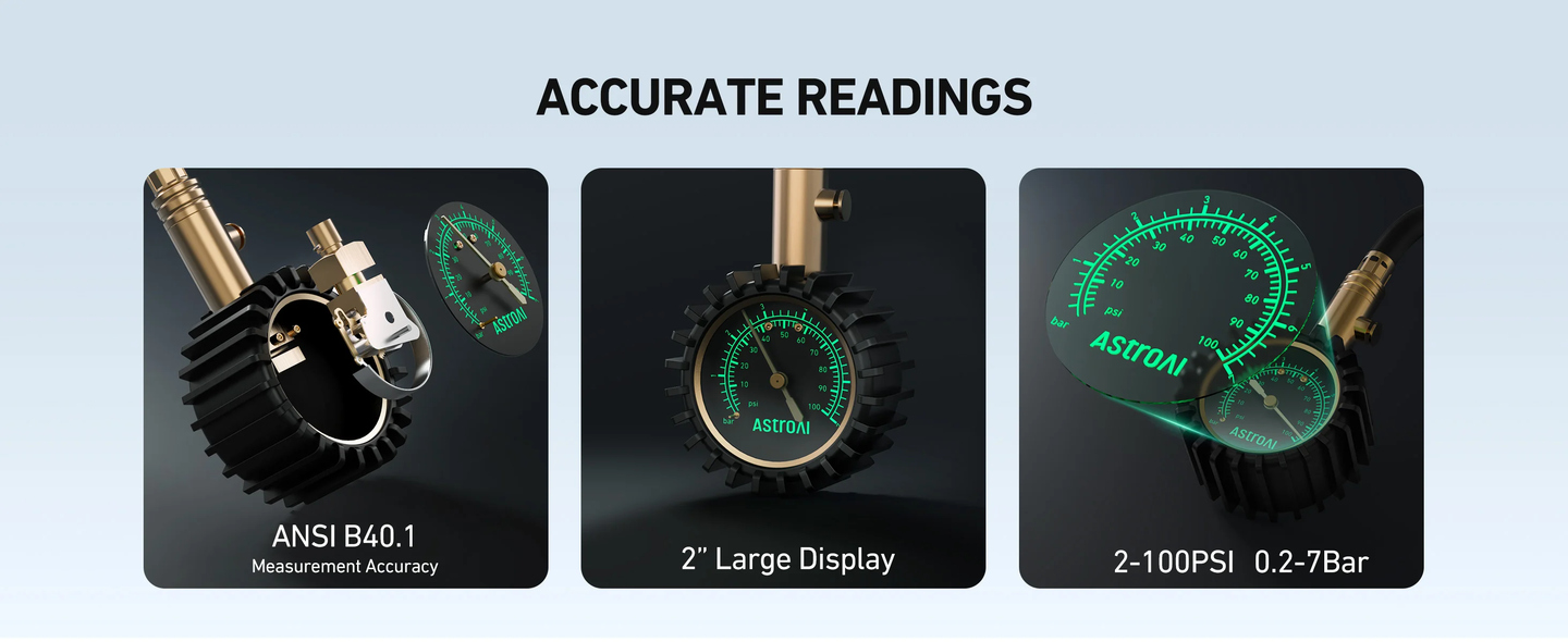 AstroAI Mechanical Tyre Pressure Gauge, 100 PSI, 2in Glow Dial
Brass and steel gauge with flexible hose, 360° swivel chuck and bleed valve; retains readings for cars, SUVs and motorbikes.