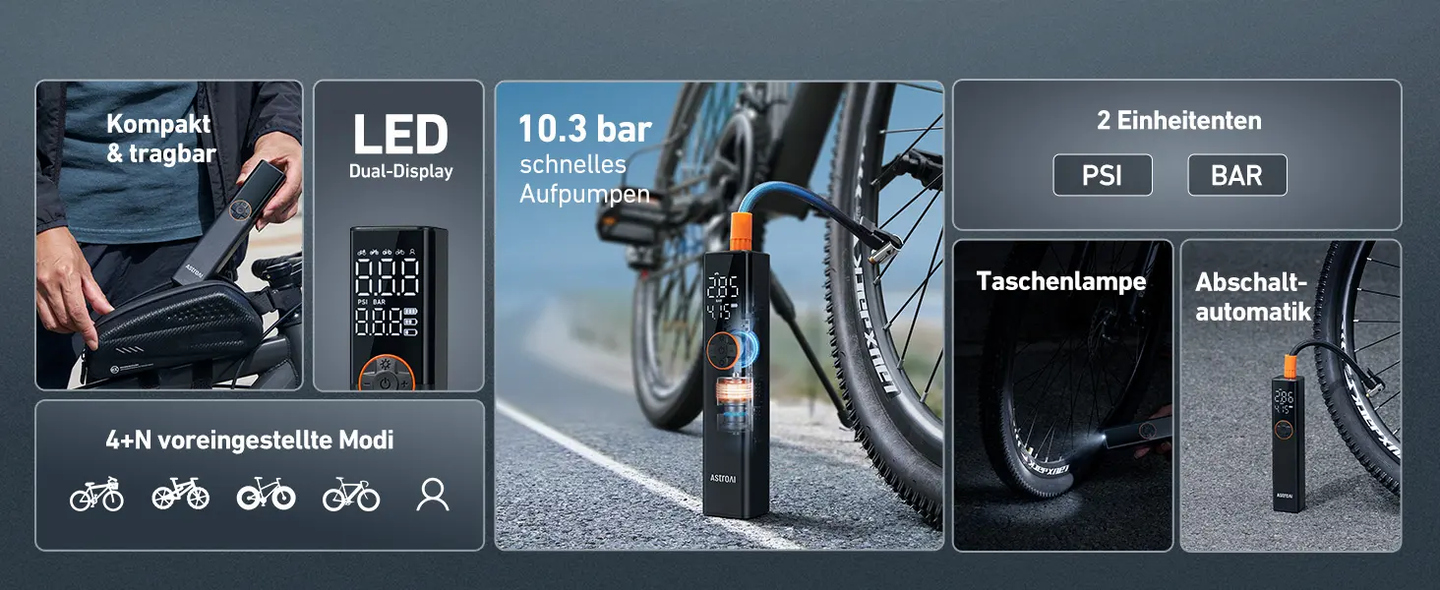 AstroAI Fahrradpumpe Elektrische Luftpumpe, 150PSI Mini Tragbare Akku Fahrradpumpe alle ventile