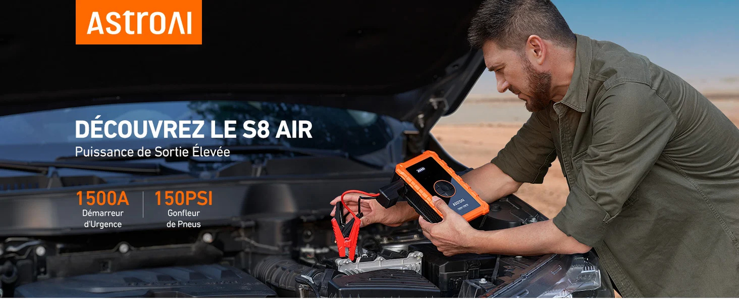 AstroAI S8 Air Démarreur de Batterie de Voiture à Air Comprimé avec Gonfleur de Pneus de Voiture, Démarreur de Voiture Portable 1500 A