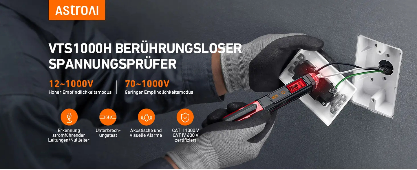 AstroAI VTS1000H Spannungsprüfer mit Schraubendreher, Berührungslos Stromprüfer AC 12V/70V-1000V, Großes LCD-Display, Akustische und visuelle Alarme