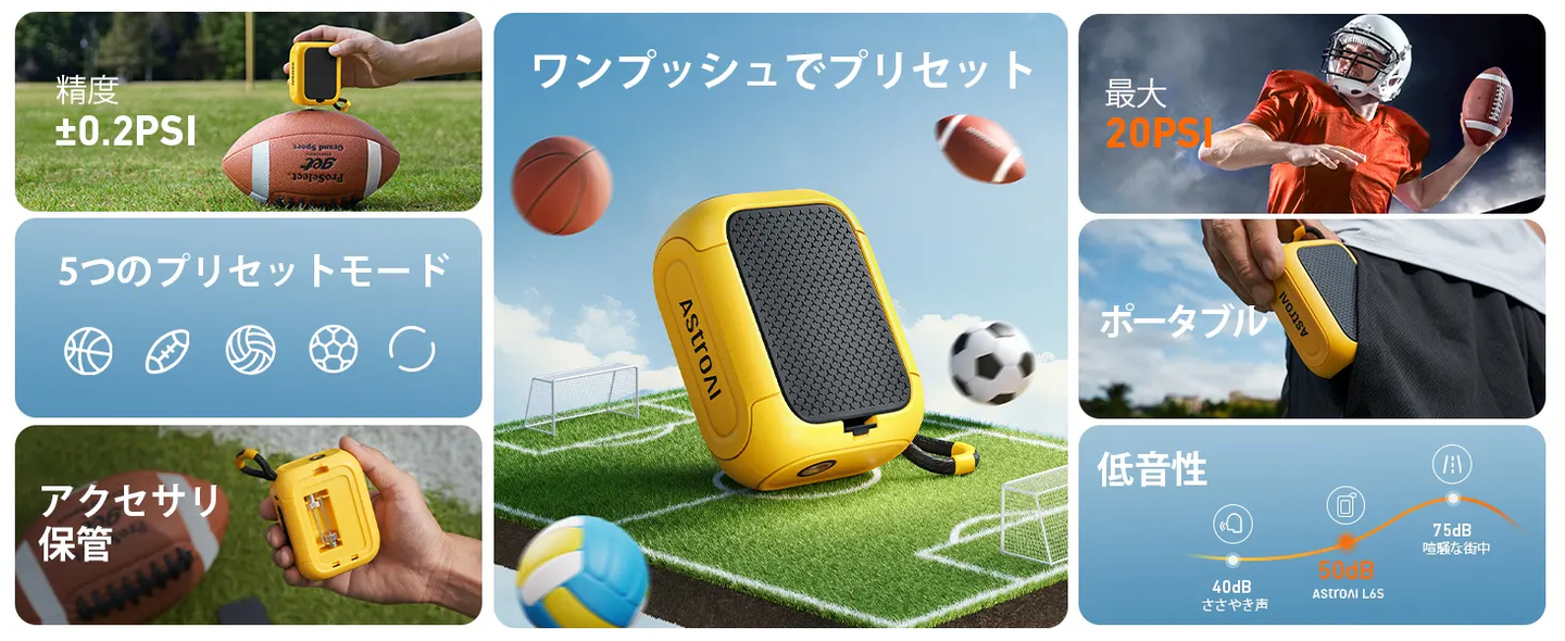 AstroAI L6S 電動ボール空気入れ 20PSI デジタルLCD画面付 5つのプ リセットバスケットボ