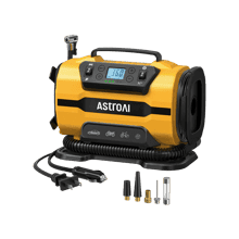 AstroAI Digital Tire Inflator for Car and Bikes, 12V DC/110V AC with Dual Metal Motors & LED Light, Two Modes for Car, Bicycle Tires, and Air Mattresses, Yellow