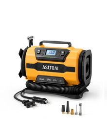 AstroAI エアコンプレッサー 電動空気入れ 5 in 1 自転車 空気入れ 車用 AC/DC給電 150PSI コンパクトイエロー | 自動車 自転車 バイク エアマットレス 浮き輪など多用途対応 自動停止 メモリ機能 LEDライト 仏式/米式/英式 全バルブ対応 五種類変換ノズル