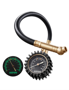 AstroAI Mechanical Tyre Pressure Gauge, 100 PSI, 2in Glow Dial
Brass and steel gauge with flexible hose, 360° swivel chuck and bleed valve; retains readings for cars, SUVs and motorbikes.