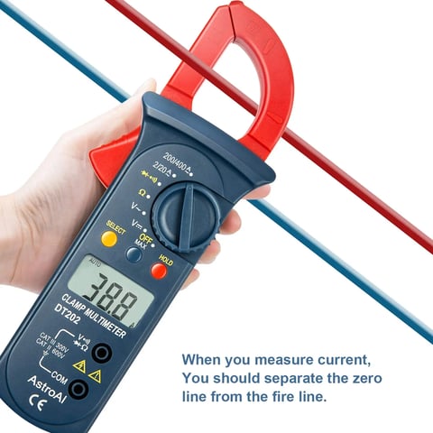 AstroAI Digital Clamp Meter 2000 Counts with Auto Ranging, Measures DC/AC Voltage, Amp, Current, Resistance, Continuity, Tests Diodes, Model DT202