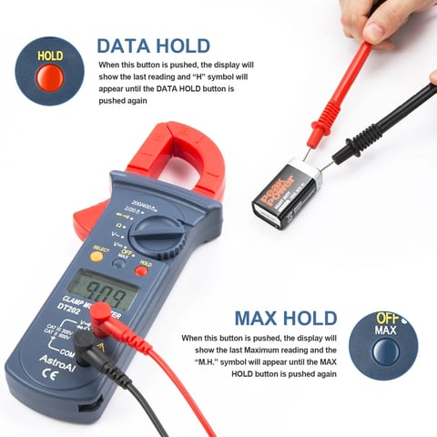 AstroAI Digital Clamp Meter 2000 Counts with Auto Ranging, Measures DC/AC Voltage, Amp, Current, Resistance, Continuity, Tests Diodes, Model DT202