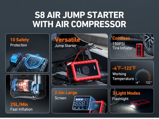 S8 Air Jump Starter with Air Compressor, 1500A Car Battery Jumper