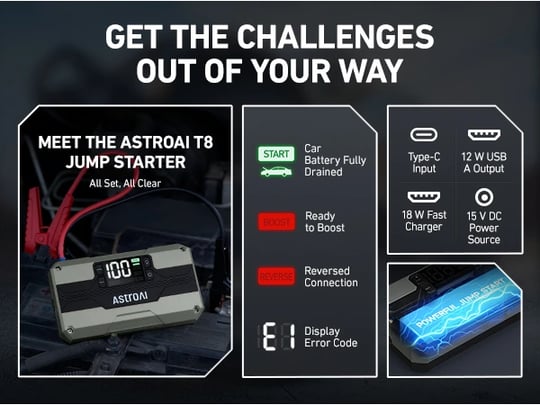 AstroAI S8 Pro Avviatore Portatile 3000A Per Auto - Power Bank 44,4Wh, Booster 12V Per Benzina (9L) E Diesel (7L), Impermeabile IP66