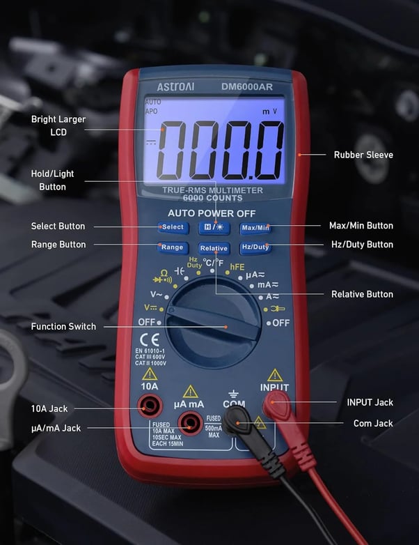 Digital multimeter dial reference for locating the continuity symbol and input jacks