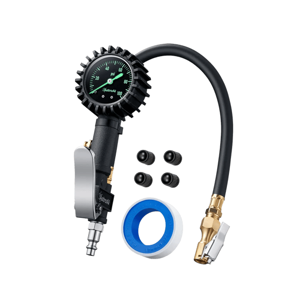 AstroAI Glow Dial Tire Inflator with Pressure Gauge 100 PSI with Large 2" Easy Read Glow Dial, Air Chuck, Quick Connect Coupler and Rubber Hose Compressor Accessories