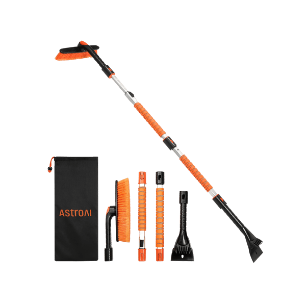 AstroAI 62.4 Inch Ice Scraper and Extendable Car Snow Brush,Orange with 360° Pivoting Brush Head
