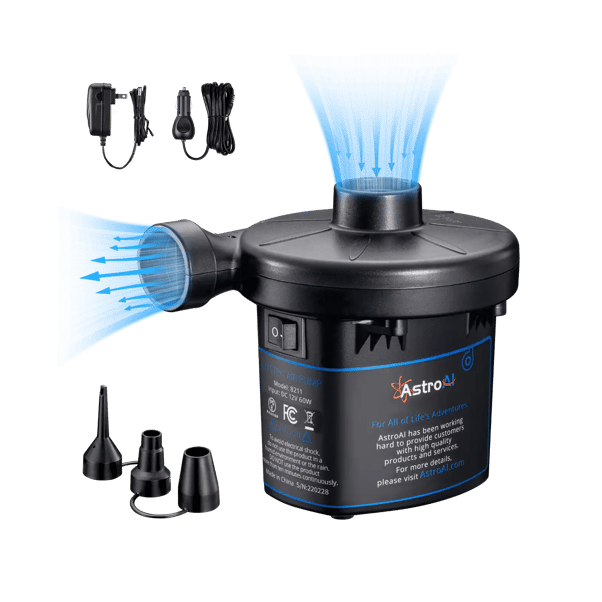 AstroAI 120V AC/DC Electric Air Pump, Air Inflators, Portable Inflator Deflator Pumps with 3 Nozzles