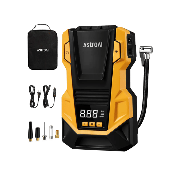 AstroAI AC/DC Mini Air Compressor with 150PSI, LED Light for Car Tires, Balls, Motorcycles, Yellow